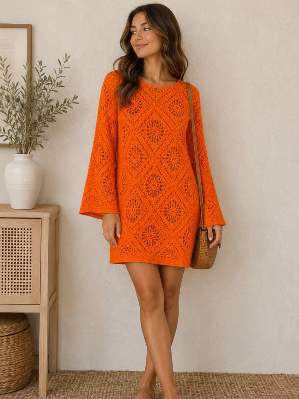 Joie Orange Crochet Cover Up Dress Boho Beach Resort Tunic